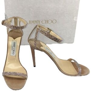 Jimmy Choo Daisy 100 Nude Crystal Suede Ankle Strap Bridal Heels 38